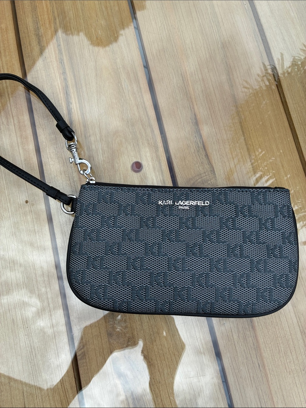 Karl Lagerfeld Black Textured Monogram Wristlet with Silver Hardware